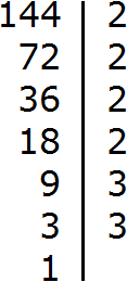 Decomposition of number 144 into factors
