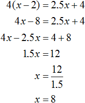 4x minus 8 = 25x plus 4 Solution