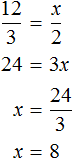 12 by 3 equals x by 2 solution