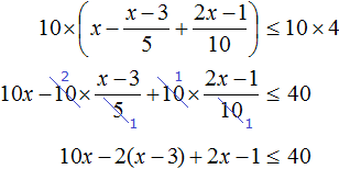 x minus x minus 3 by 5 plus 2x minus 1 by 10 less = 4 step 2