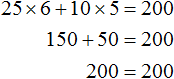 at x = 6 y = 5 25x + 10y = 200