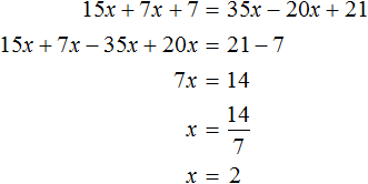 30x plus 14x plus 14 = 70x minus 40x plus 42 division into 2 step 4